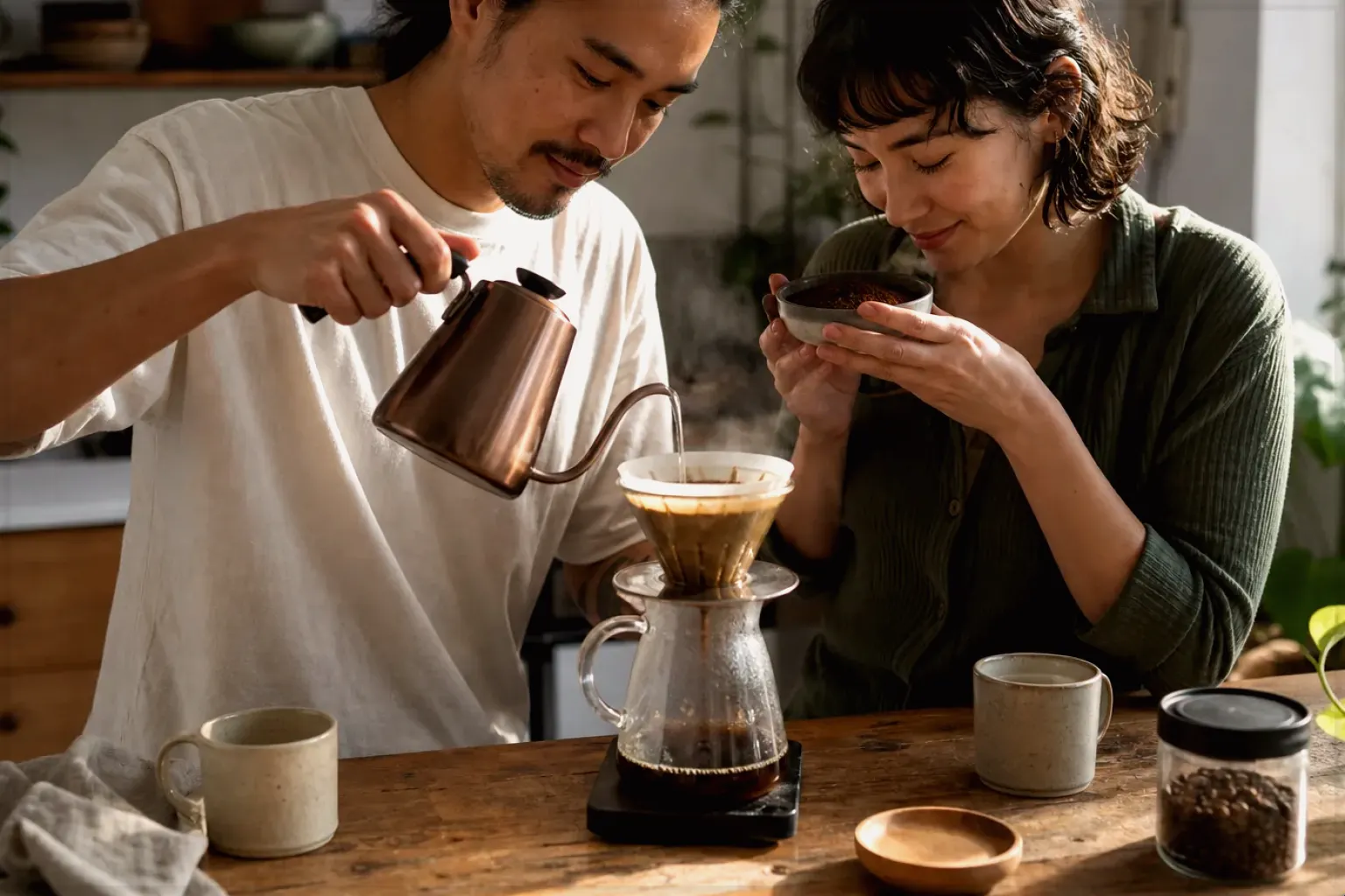 Zwei Menschen bereiten am Wochenende gemeinsam Filterkaffee mit einem Handfilter zu – gezeigt für Kaffee & Bohnen im Themenvergleich.
