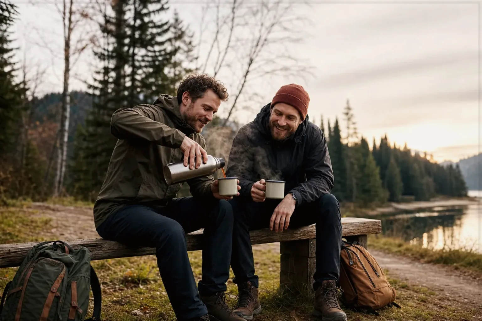 Zwei Freunde teilen auf einer Wanderung heißen Kaffee aus einer Thermoskanne am See – gezeigt für Kaffee & Bohnen im Themenvergleich.
