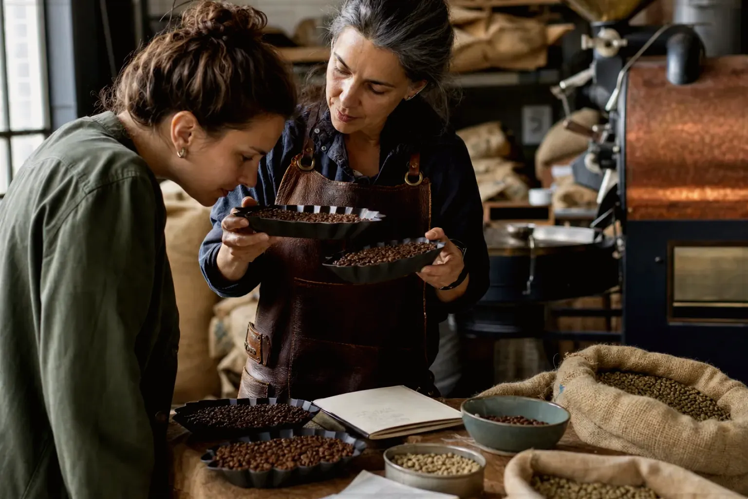 Eine Kaffeerösterin lässt eine Kundin in einer kleinen Rösterei verschiedene frisch geröstete Bohnen riechen – gezeigt für Kaffee & Bohnen im Themenvergleich.