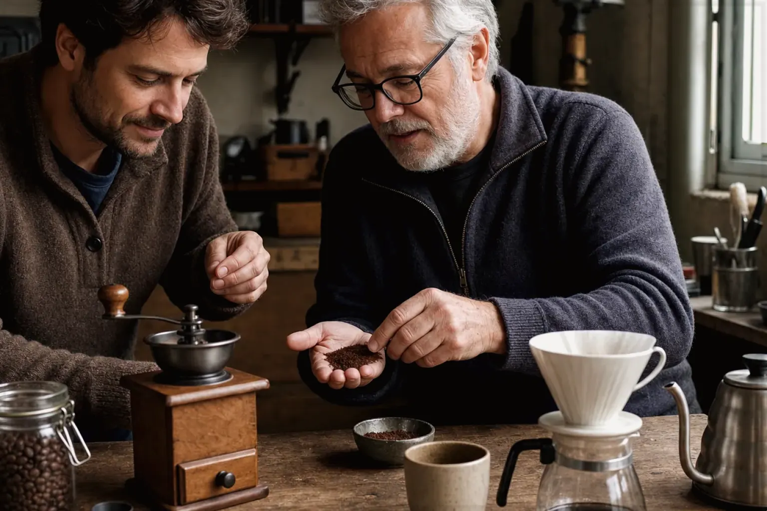 Ein älterer Kaffeeliebhaber zeigt einem jüngeren Erwachsenen gemahlenen Kaffee neben Handmühle und Filter – gezeigt für Kaffee & Bohnen im Themenvergleich.