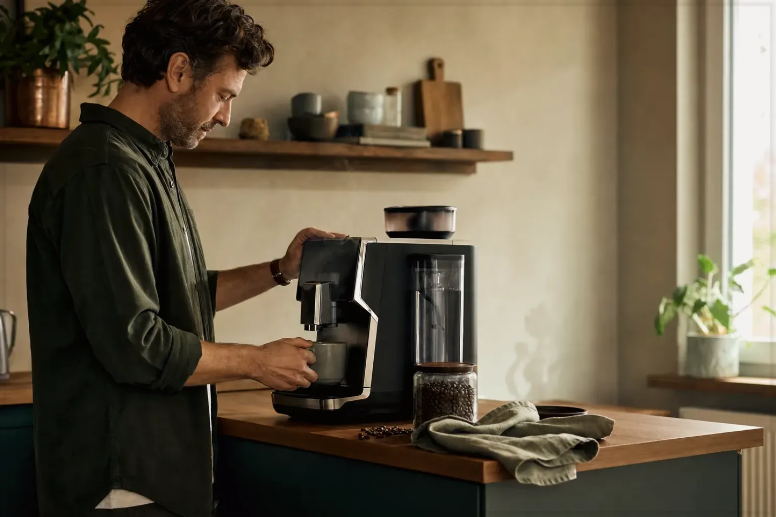 Ein Mann bereitet morgens Kaffee in seiner Küche zu – gezeigt für Kaffee & Bohnen im Themenvergleich.
