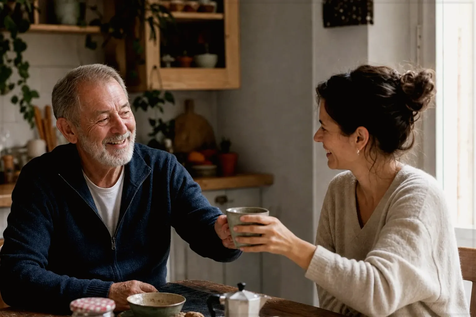 Eine erwachsene Tochter und ihr älterer Vater lachen gemeinsam beim Kaffee in ihrer Küche – gezeigt für Kaffee & Bohnen im Themenvergleich.