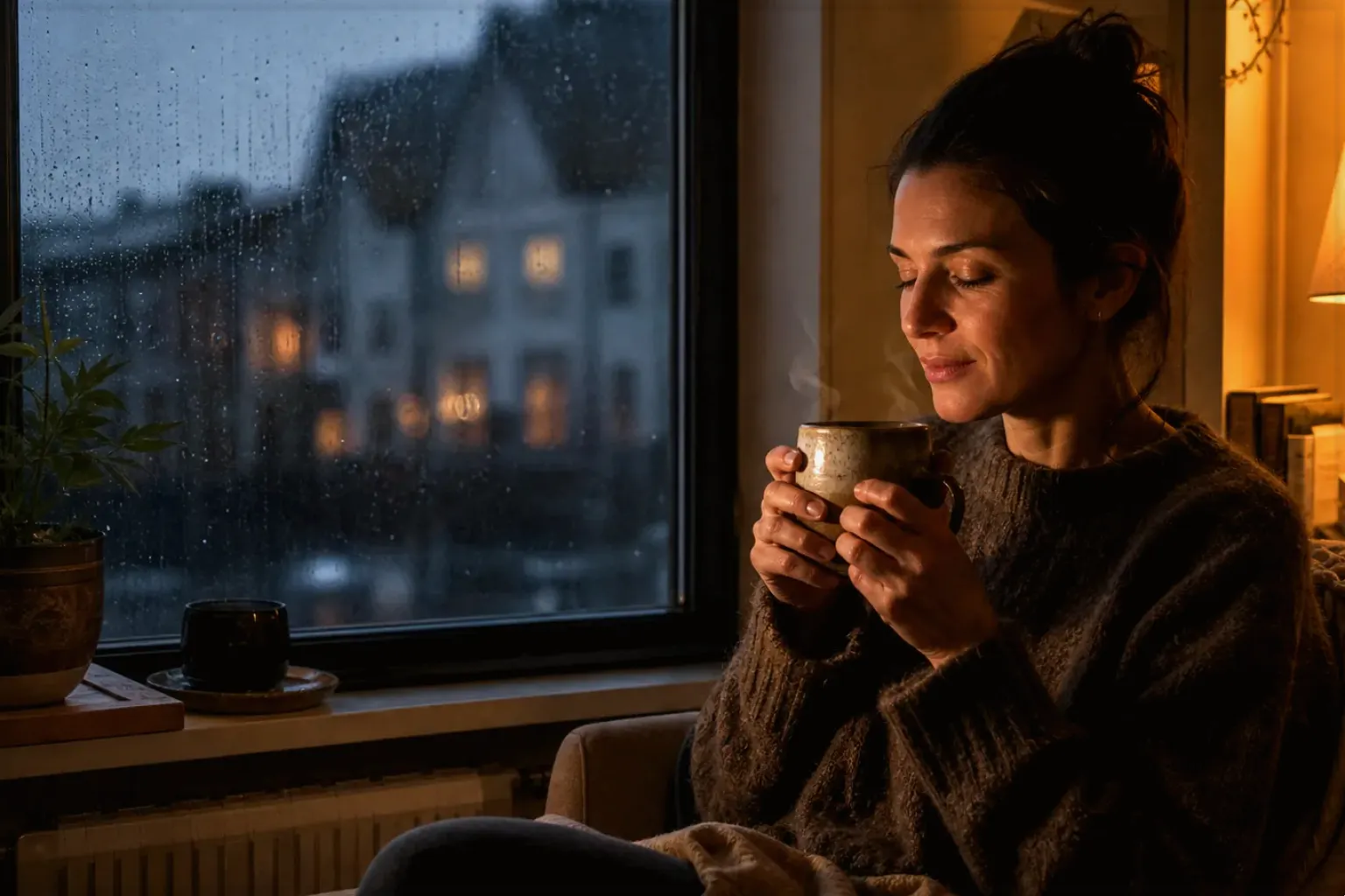 Eine Frau genießt an einem regnerischen Abend ruhig eine warme Tasse Kaffee am Fenster – gezeigt für Kaffee & Bohnen im Themenvergleich.