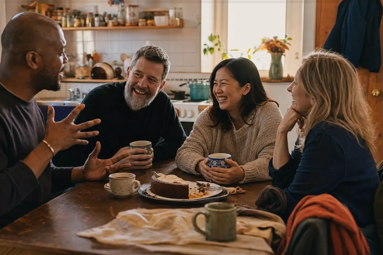 Vier erwachsene Freunde lachen gemeinsam bei Kaffee und selbst gebackenem Kuchen – gezeigt für Kaffee & Bohnen im Themenvergleich.