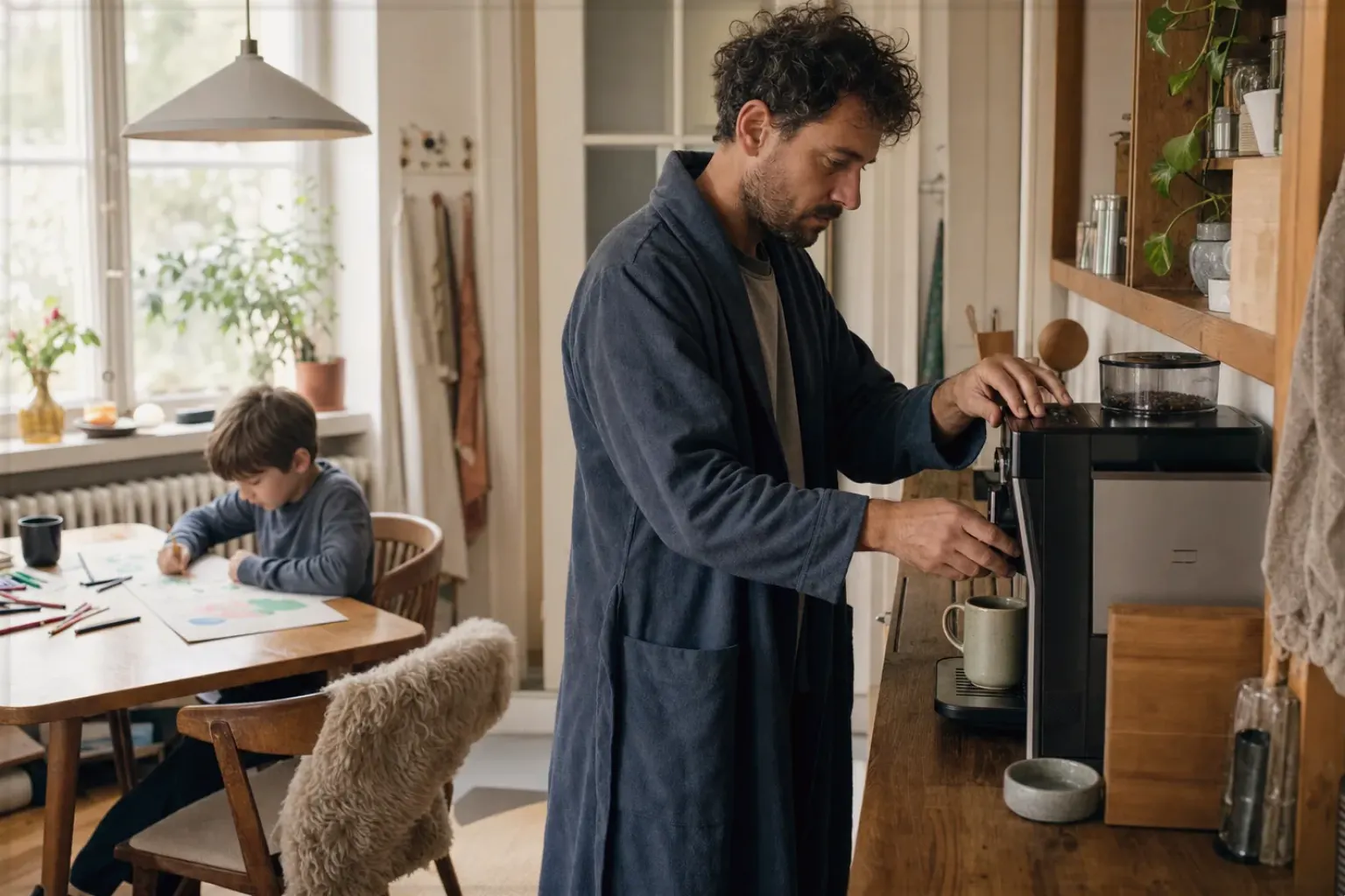 Ein Vater bereitet morgens Kaffee zu, während sein Kind am Küchentisch malt – gezeigt für Kaffee & Bohnen im Themenvergleich.