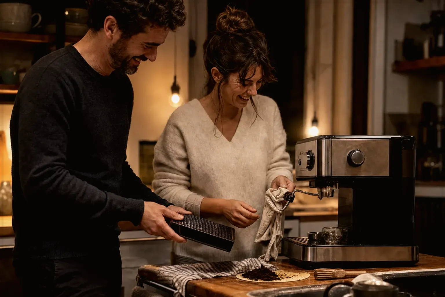 Ein Paar reinigt am Abend gemeinsam und gut gelaunt seine Espressomaschine in der Küche – gezeigt für Kaffee & Bohnen im Themenvergleich.
