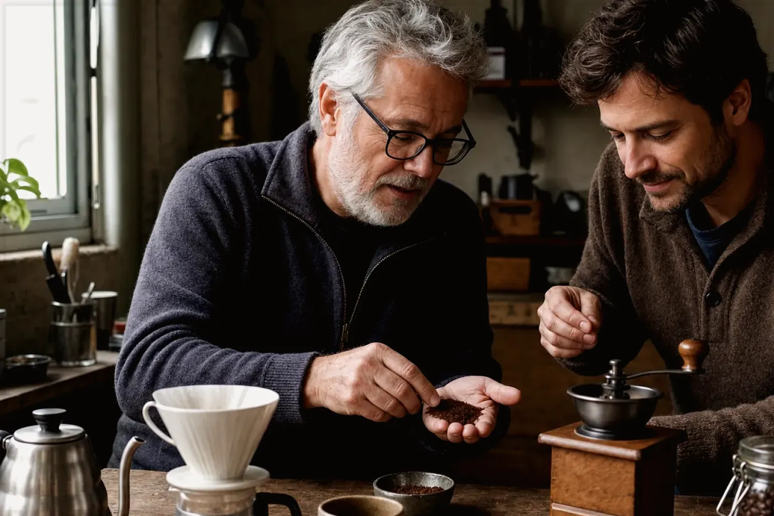 Ein erfahrener Kaffeeliebhaber erklärt einem jüngeren Erwachsenen Mahlgrad und Kaffeetextur.
