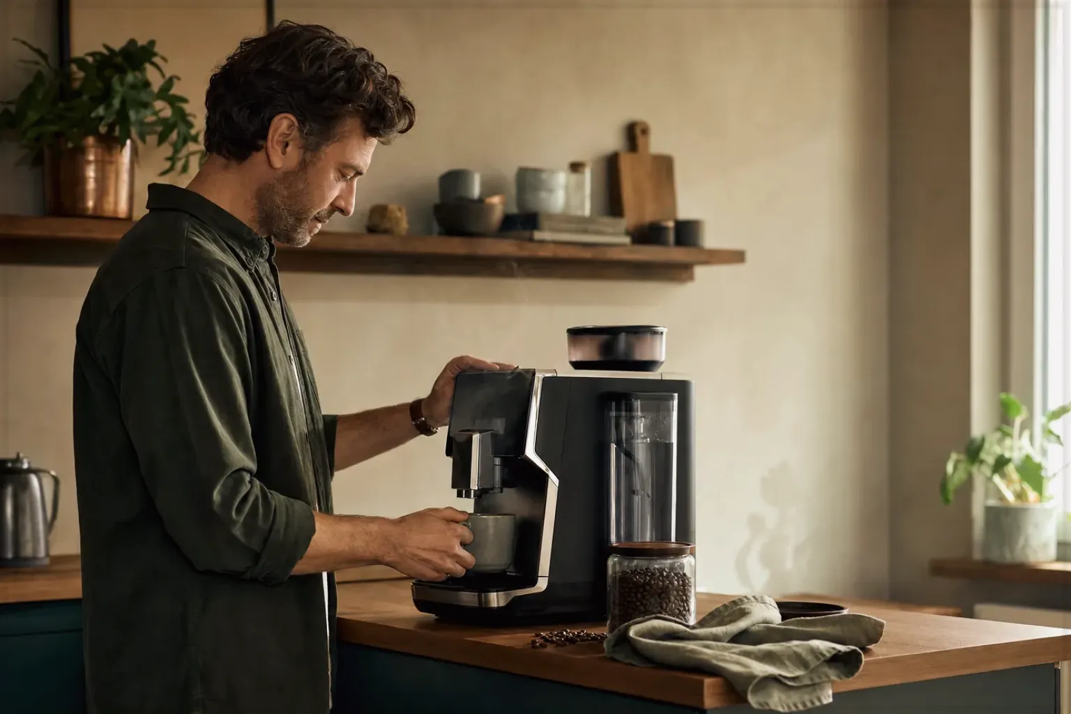 Ein Mann bereitet morgens Kaffee an einem Vollautomaten in seiner Küche zu – gezeigt für Kaffeemaschinen im Themenvergleich.