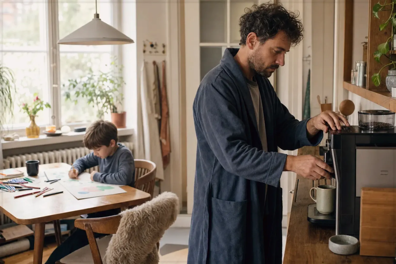 Ein Vater bereitet morgens Kaffee am Vollautomaten zu, während sein Kind am Küchentisch malt – gezeigt für Kaffeemaschinen im Themenvergleich.