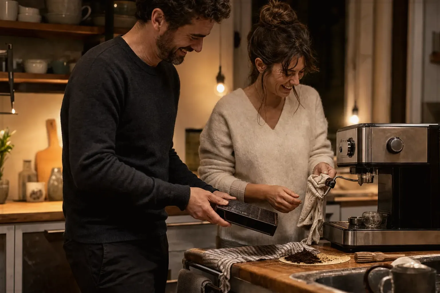 Ein Paar reinigt am Abend gemeinsam und gut gelaunt seine Espressomaschine in der Küche – gezeigt für Kaffeemaschinen im Themenvergleich.