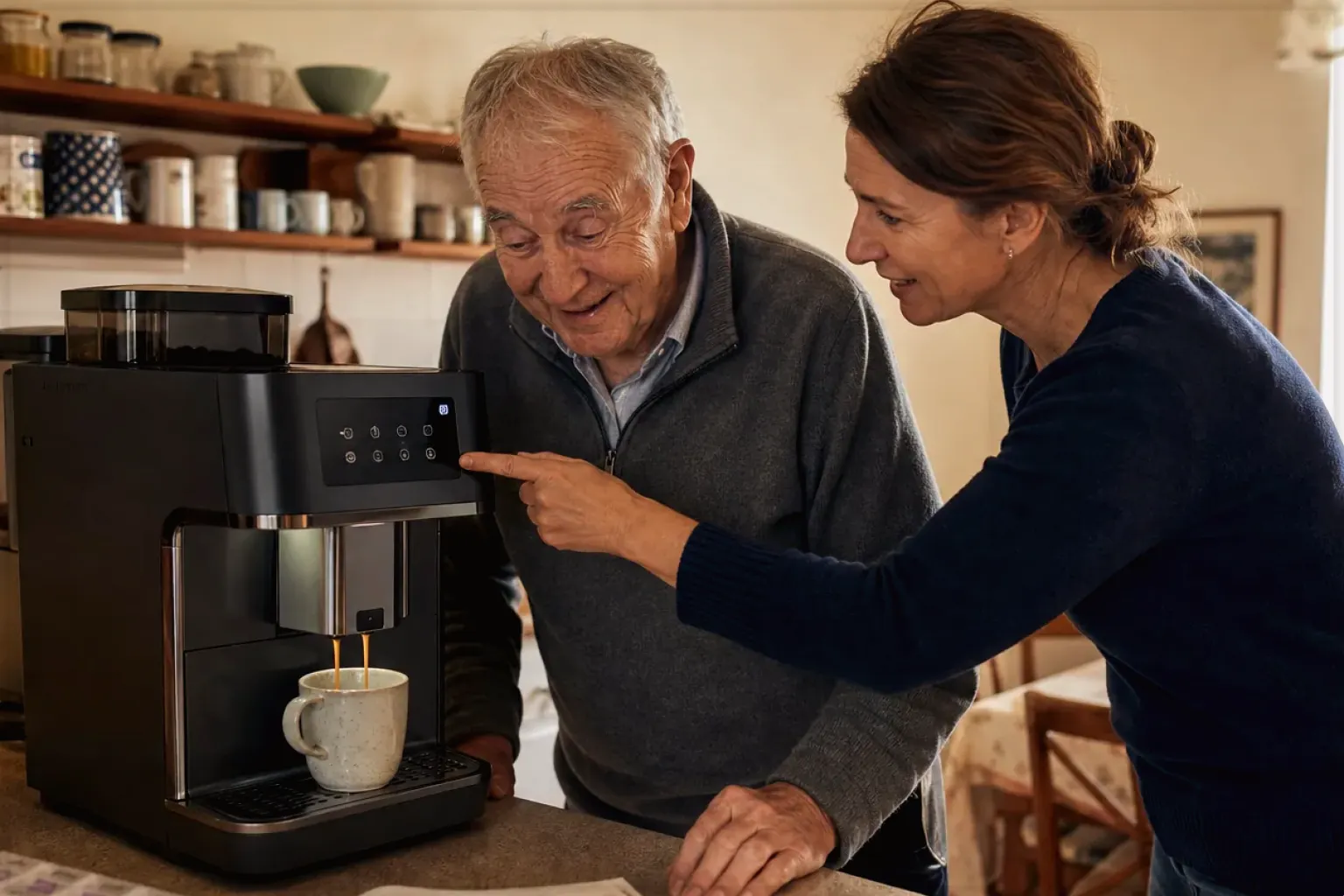 Eine erwachsene Tochter erklärt ihrem älteren Vater in seiner Küche einen Kaffeevollautomaten – gezeigt für Kaffeemaschinen im Themenvergleich.