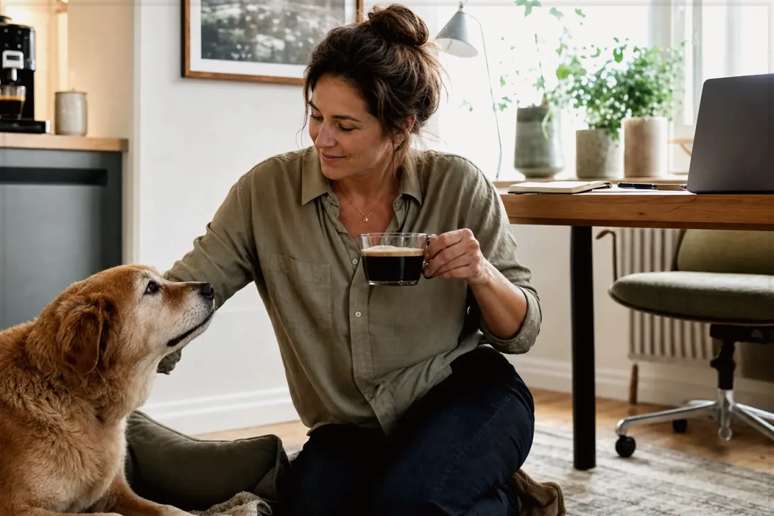 Eine Frau genießt im Homeoffice eine Kaffeepause bei ihrem älteren Hund – gezeigt für Kaffeemaschinen im Themenvergleich.