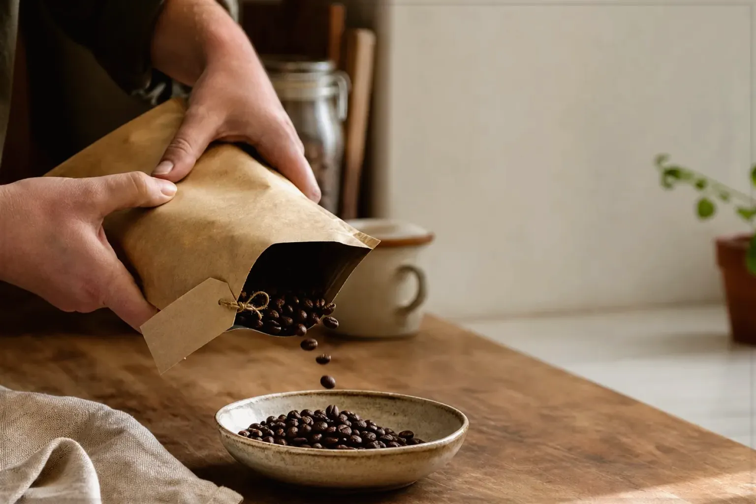 Hände füllen frisch geröstete Kaffeebohnen aus einer Papiertüte in eine Keramikschale – gezeigt für Kaffeemaschinen im Themenvergleich.