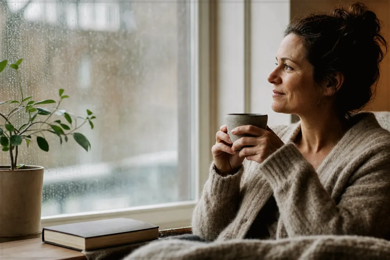 Eine Frau genießt an einem regnerischen Nachmittag ruhig eine Tasse Kaffee am Fenster – gezeigt für Kaffeemaschinen im Themenvergleich.