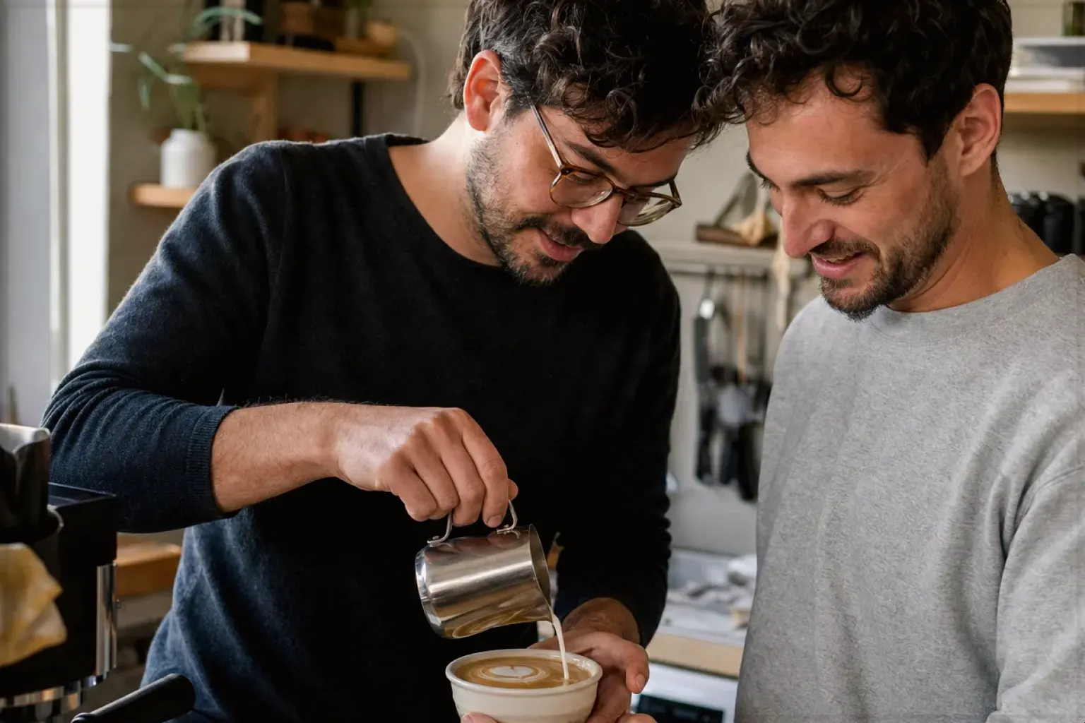 Zwei Freunde freuen sich in einer kleinen Küche über ihre gemeinsam gegossene Latte Art – gezeigt für Kaffeemaschinen im Themenvergleich.