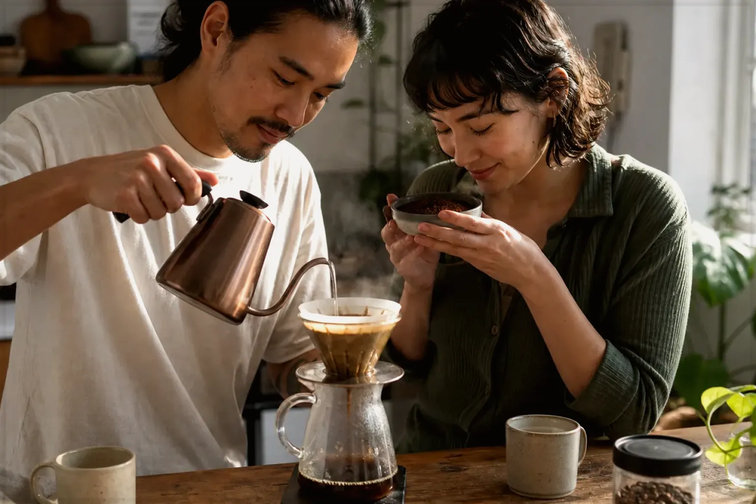 Zwei Menschen bereiten am Wochenende gemeinsam Filterkaffee mit einem Handfilter zu – gezeigt für Kaffeemaschinen im Themenvergleich.