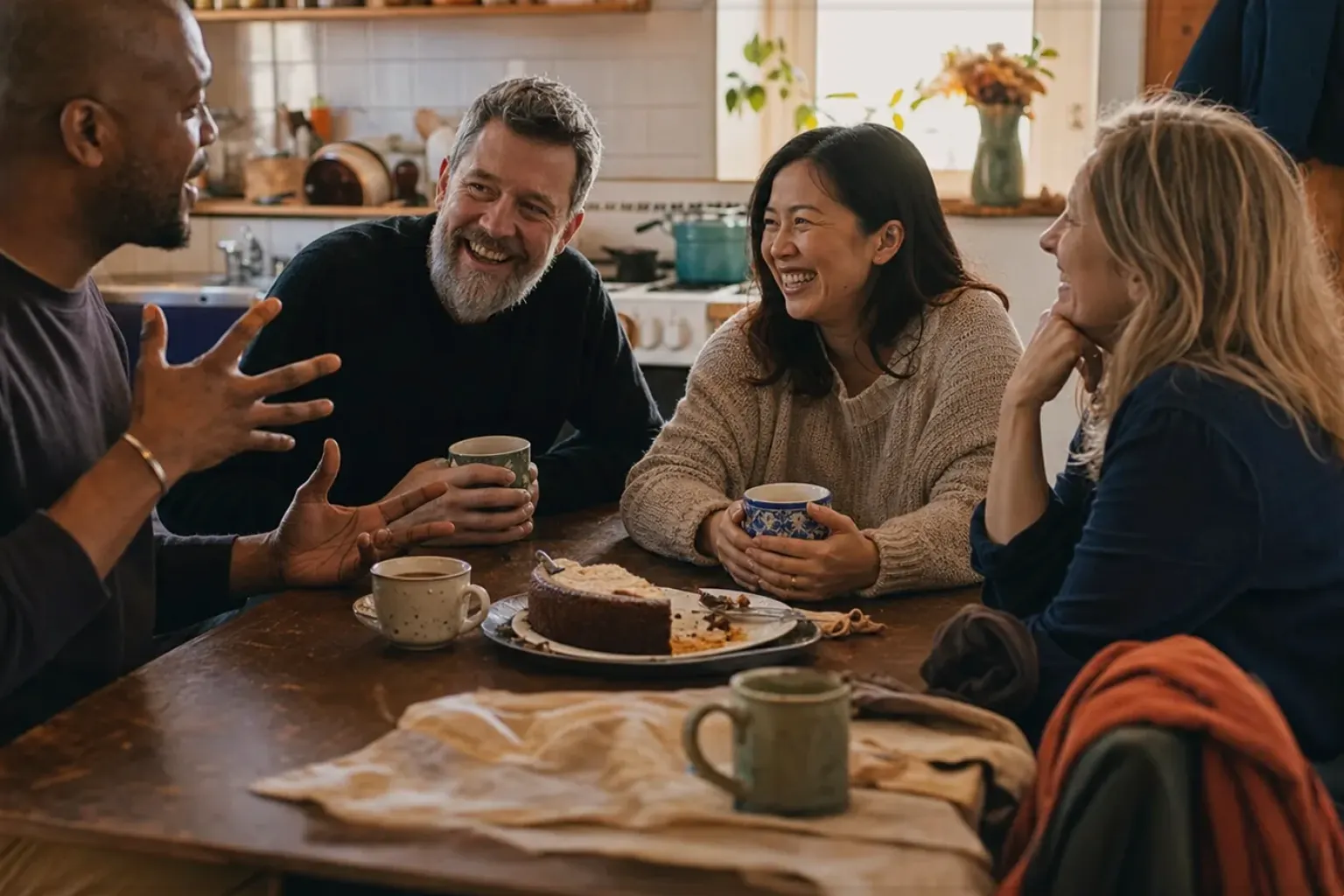 Vier erwachsene Freunde lachen gemeinsam bei Kaffee und selbst gebackenem Kuchen – gezeigt für Kaffeemaschinen im Themenvergleich.