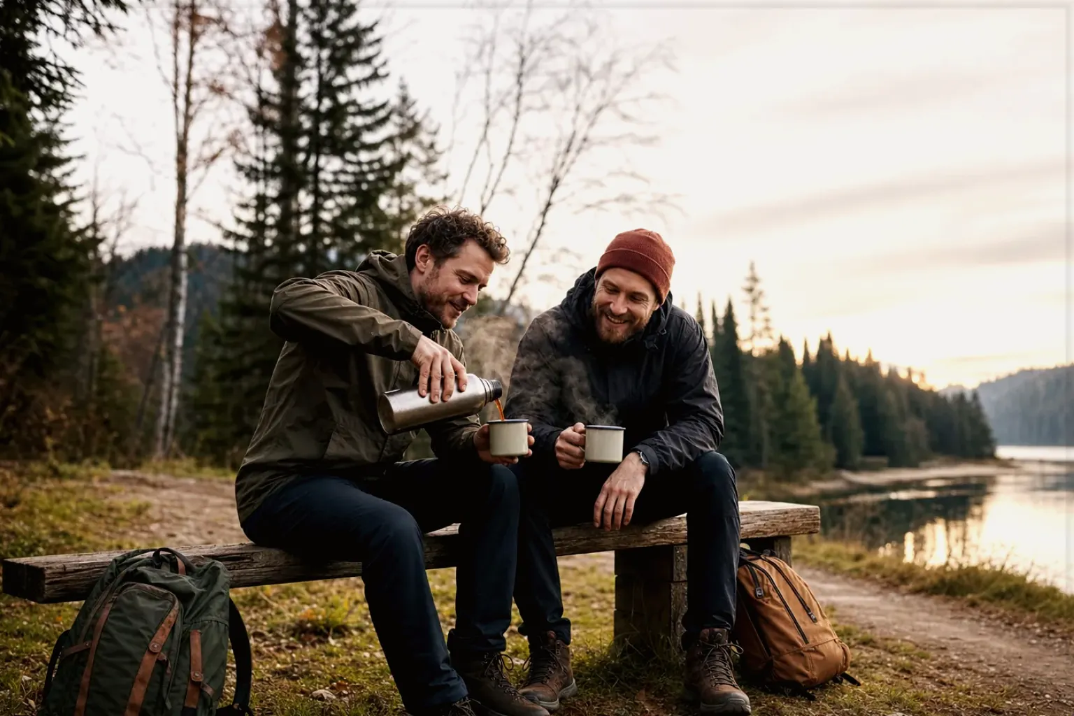Zwei Freunde teilen auf einer Wanderung heißen Kaffee aus einer Thermoskanne am See – gezeigt für Kaffeemaschinen im Themenvergleich.