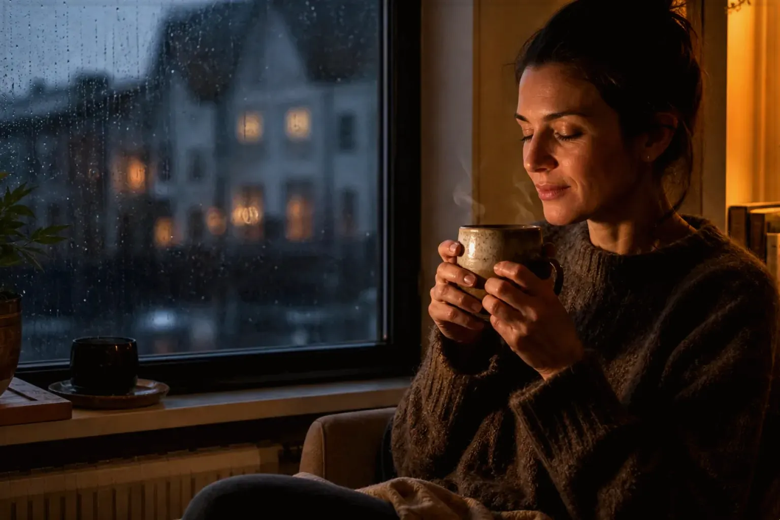Eine Frau genießt an einem regnerischen Abend ruhig eine warme Tasse Kaffee am Fenster – gezeigt für Kaffeemaschinen im Themenvergleich.