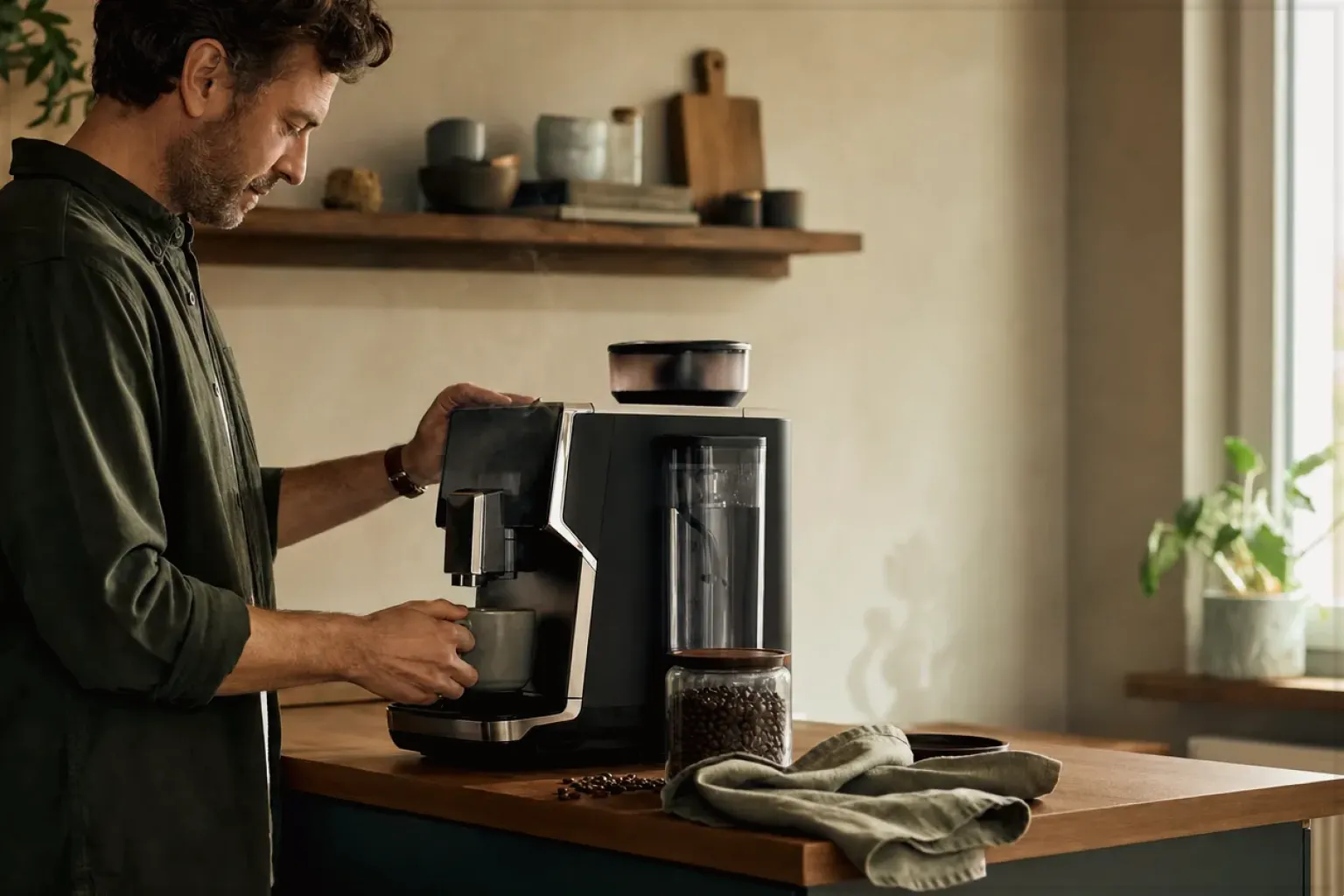Ein Mann bereitet morgens Kaffee an einem Vollautomaten in seiner Küche zu – gezeigt für Kaffeemaschinen fürs Büro im Themenvergleich.