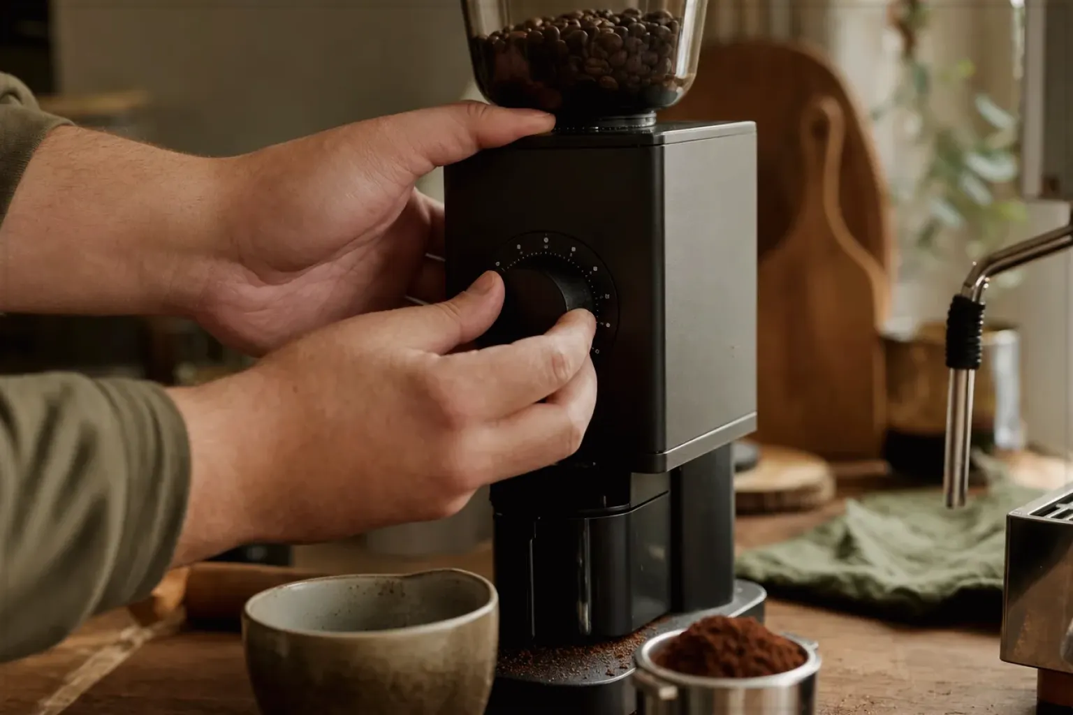 Zwei Hände stellen den Mahlgrad an einer Kaffeemühle neben einer Espressomaschine ein – gezeigt für Kaffeemaschinen fürs Büro im Themenvergleich.