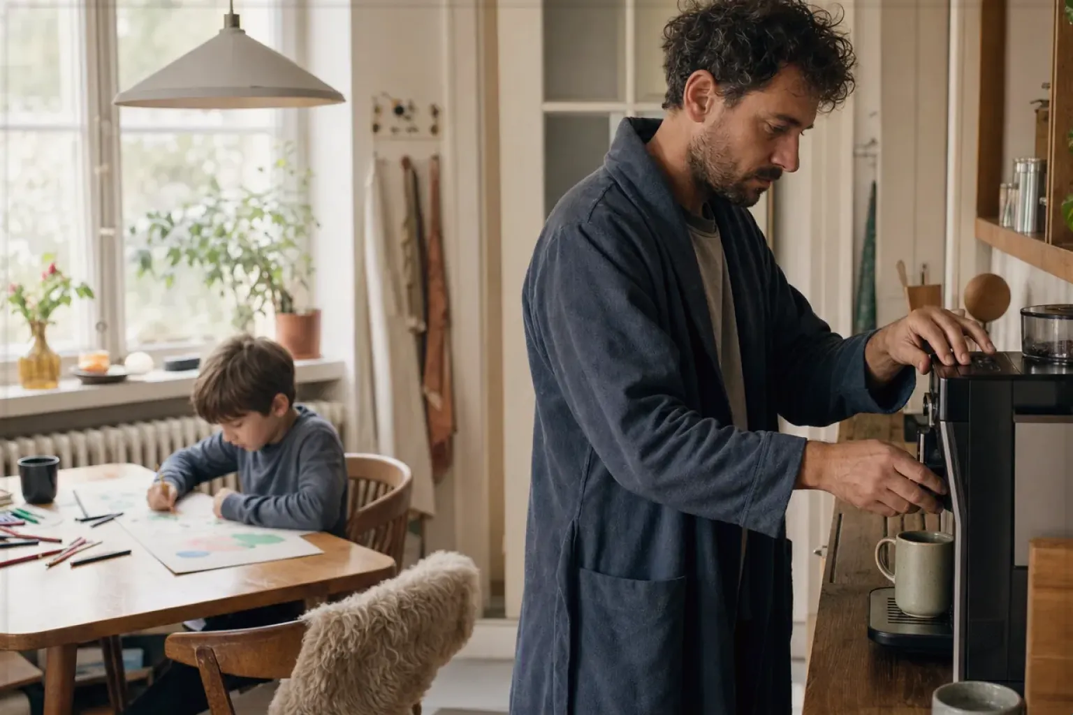 Ein Vater bereitet morgens Kaffee am Vollautomaten zu, während sein Kind am Küchentisch malt – gezeigt für Kaffeemaschinen fürs Büro im Themenvergleich.