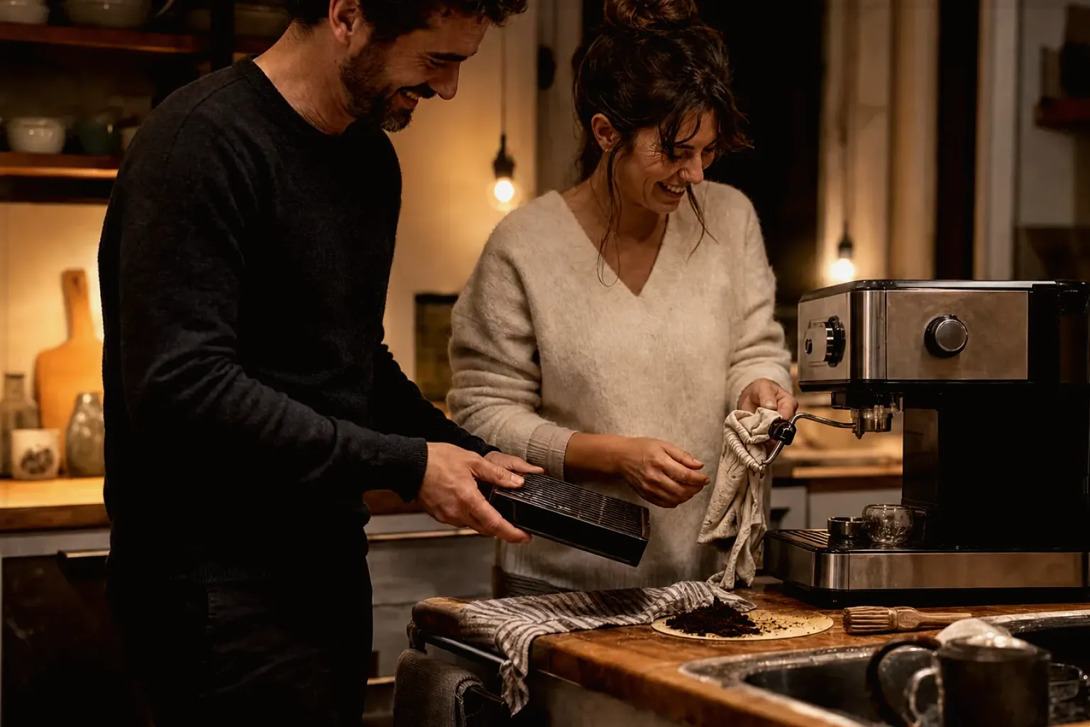 Ein Paar reinigt am Abend gemeinsam und gut gelaunt seine Espressomaschine in der Küche – gezeigt für Kaffeemaschinen fürs Büro im Themenvergleich.