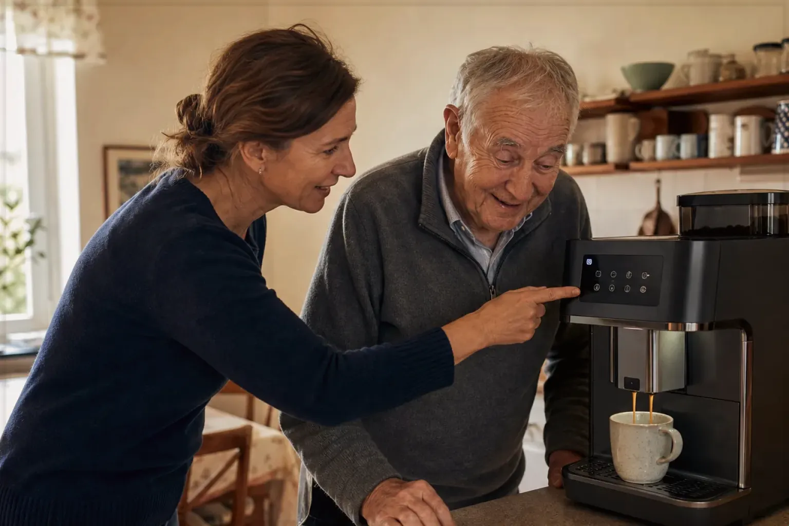 Eine erwachsene Tochter erklärt ihrem älteren Vater in seiner Küche einen Kaffeevollautomaten – gezeigt für Kaffeemaschinen fürs Büro im Themenvergleich.