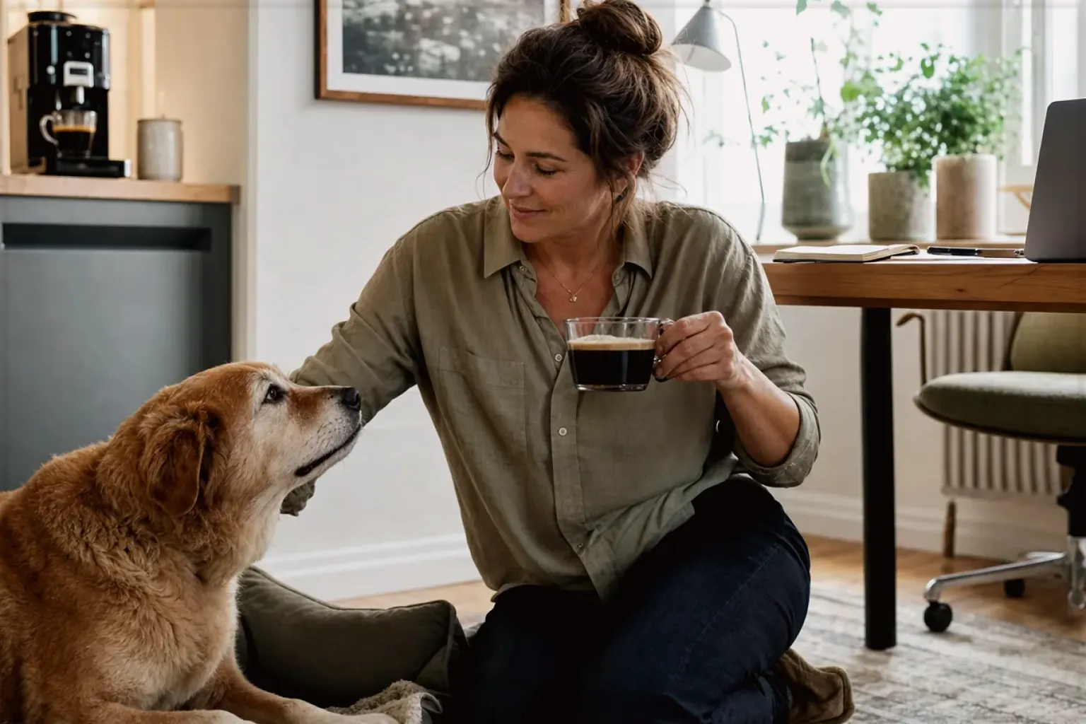 Eine Frau genießt im Homeoffice eine Kaffeepause bei ihrem älteren Hund – gezeigt für Kaffeemaschinen fürs Büro im Themenvergleich.