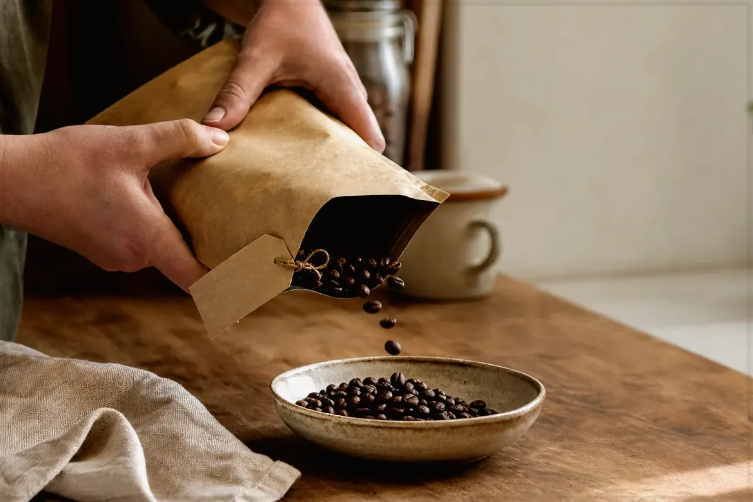 Hände füllen frisch geröstete Kaffeebohnen aus einer Papiertüte in eine Keramikschale – gezeigt für Kaffeemaschinen fürs Büro im Themenvergleich.