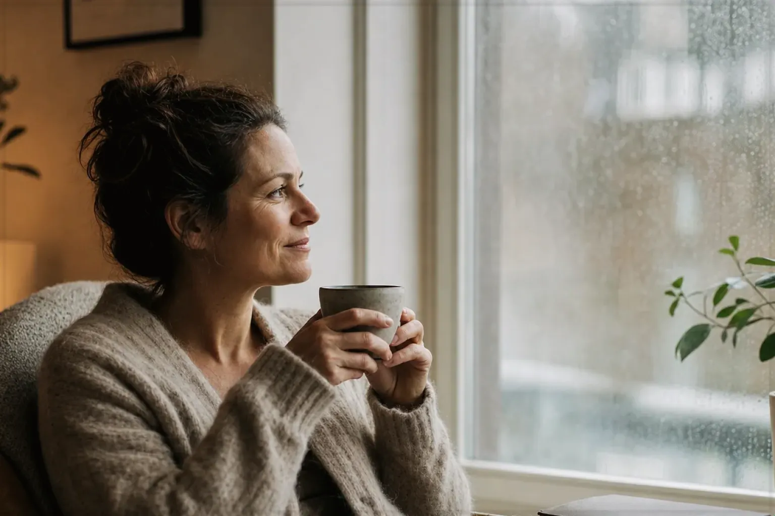 Eine Frau genießt an einem regnerischen Nachmittag ruhig eine Tasse Kaffee am Fenster – gezeigt für Kaffeemaschinen fürs Büro im Themenvergleich.
