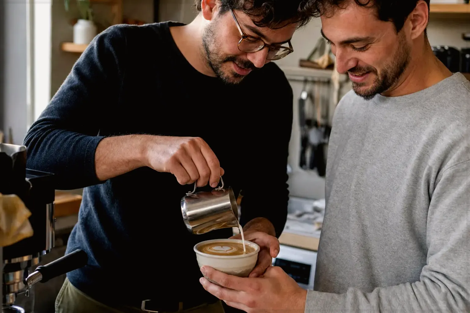 Zwei Freunde freuen sich in einer kleinen Küche über ihre gemeinsam gegossene Latte Art – gezeigt für Kaffeemaschinen fürs Büro im Themenvergleich.