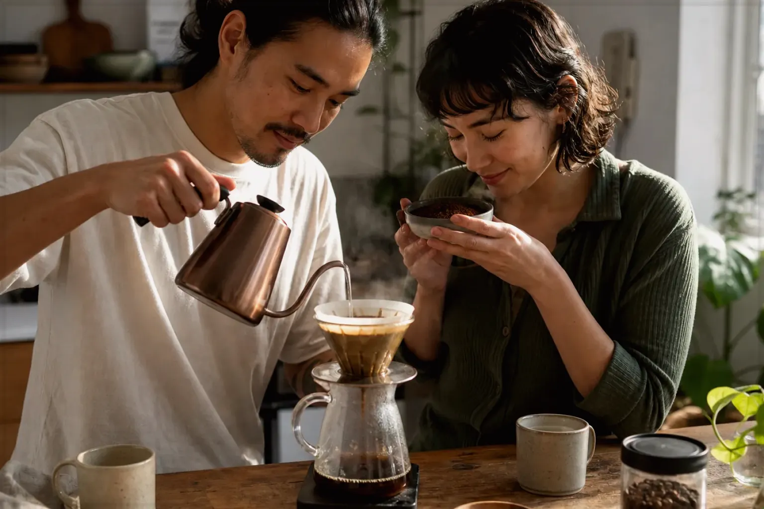Zwei Menschen bereiten am Wochenende gemeinsam Filterkaffee mit einem Handfilter zu – gezeigt für Kaffeemaschinen fürs Büro im Themenvergleich.