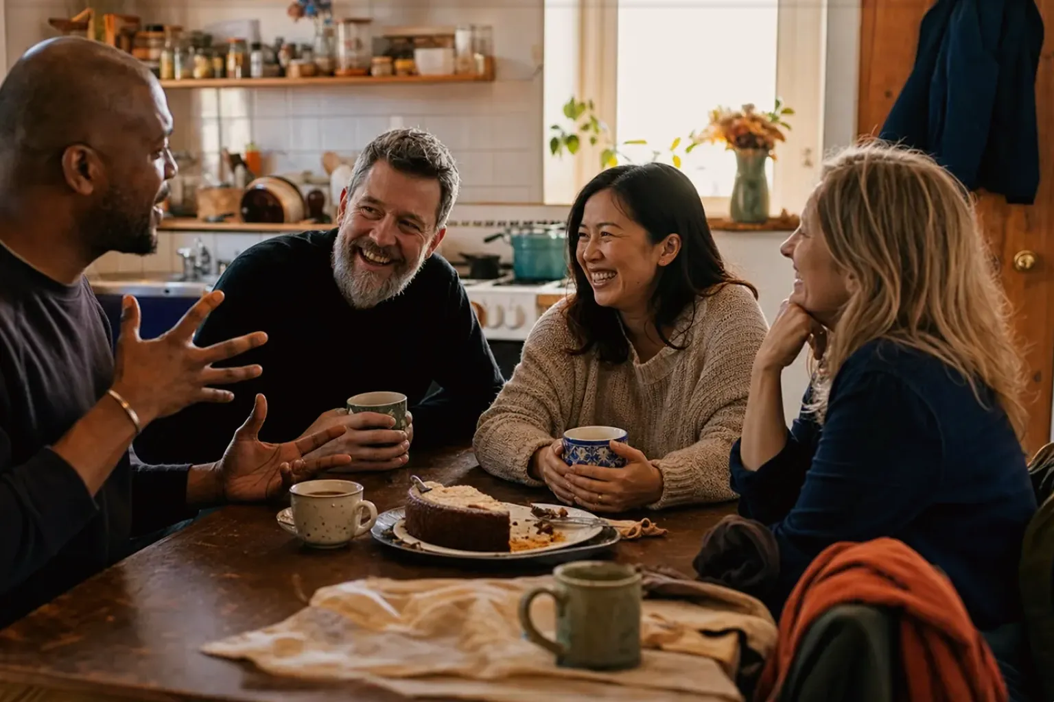 Vier erwachsene Freunde lachen gemeinsam bei Kaffee und selbst gebackenem Kuchen – gezeigt für Kaffeemaschinen fürs Büro im Themenvergleich.