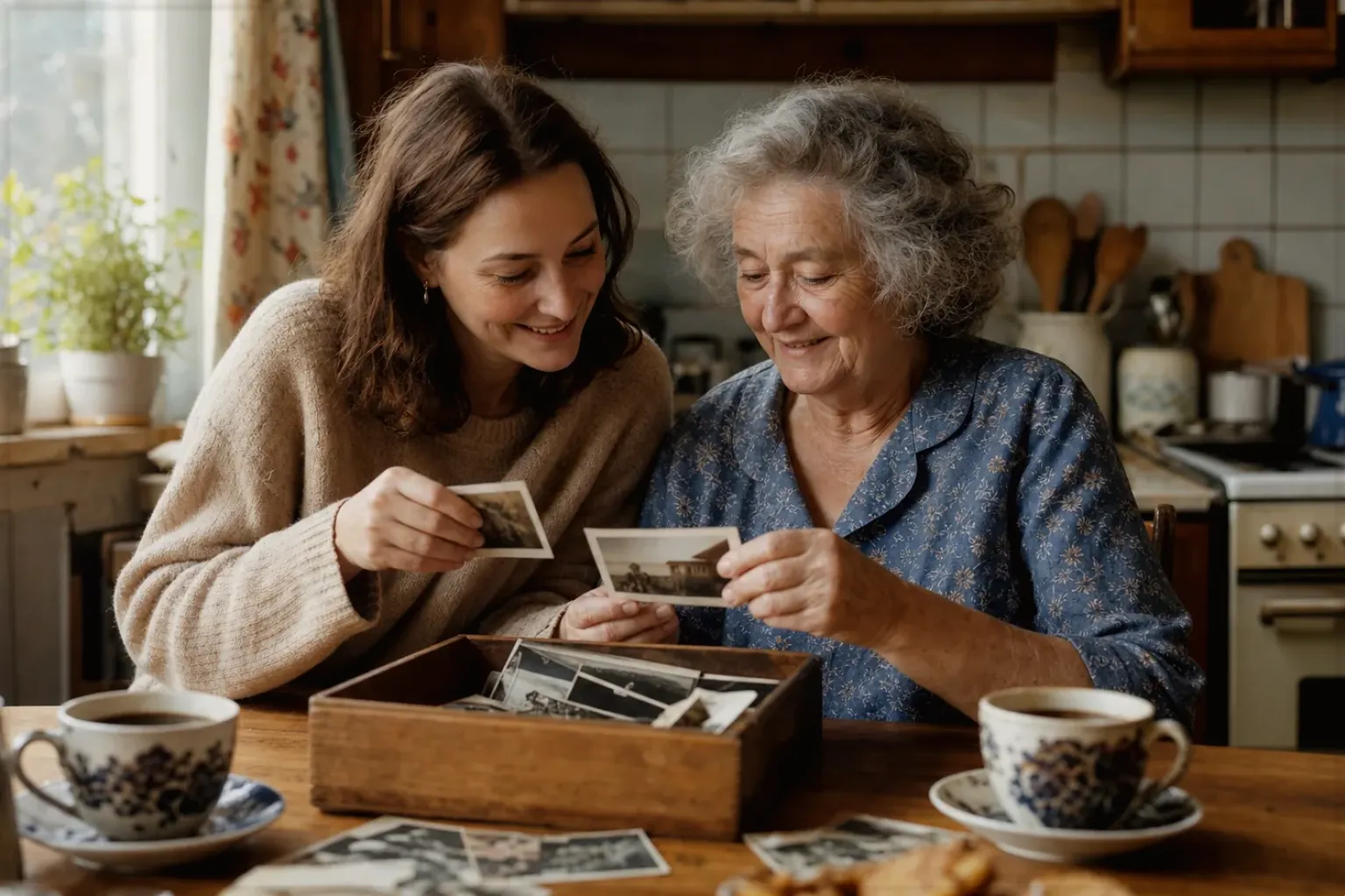 Eine ältere Frau und ihre erwachsene Enkelin betrachten bei Kaffee gemeinsam alte Familienfotos – gezeigt für Kaffeemaschinen fürs Büro im Themenvergleich.