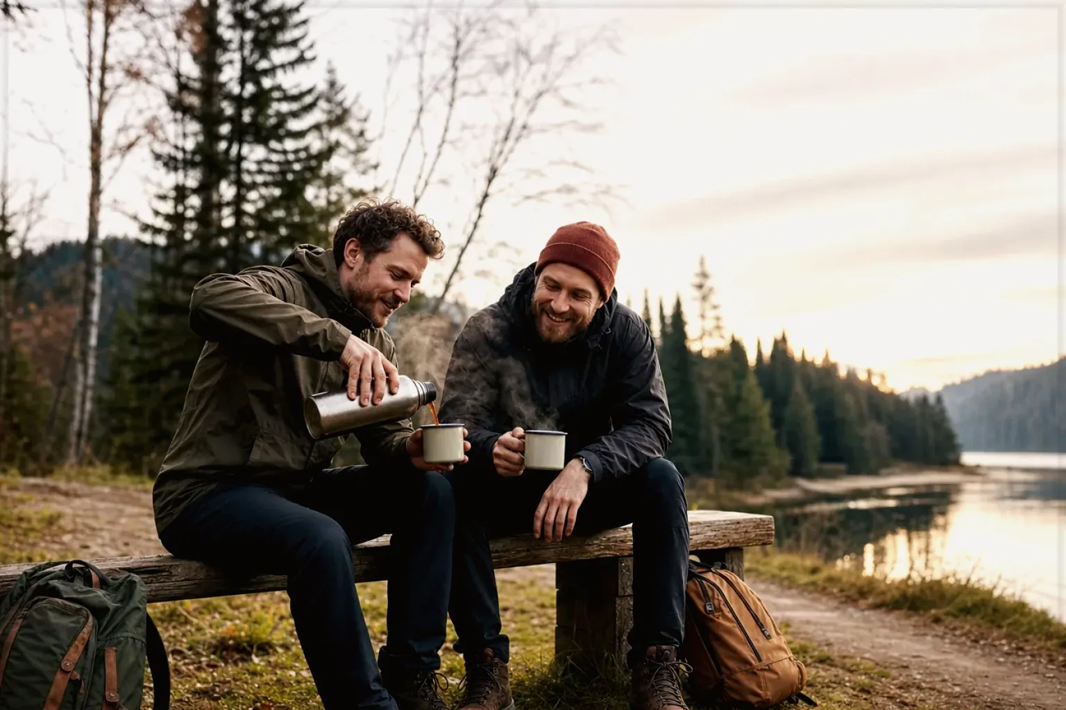 Zwei Freunde teilen auf einer Wanderung heißen Kaffee aus einer Thermoskanne am See – gezeigt für Kaffeemaschinen fürs Büro im Themenvergleich.