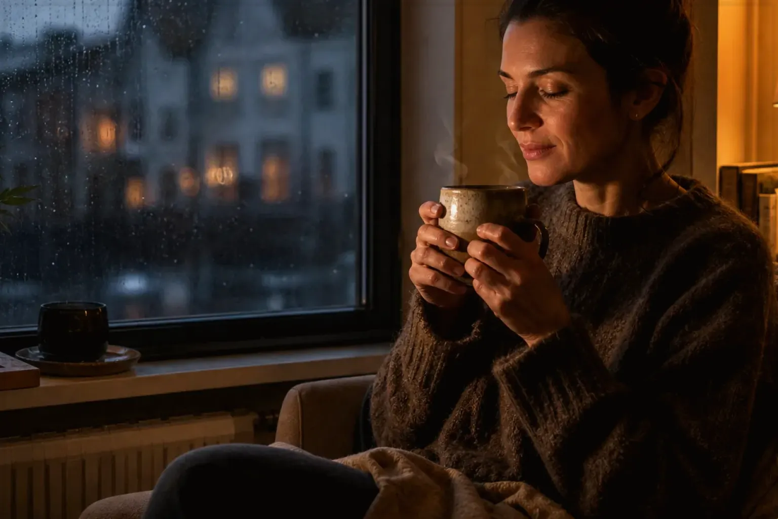 Eine Frau genießt an einem regnerischen Abend ruhig eine warme Tasse Kaffee am Fenster – gezeigt für Kaffeemaschinen fürs Büro im Themenvergleich.