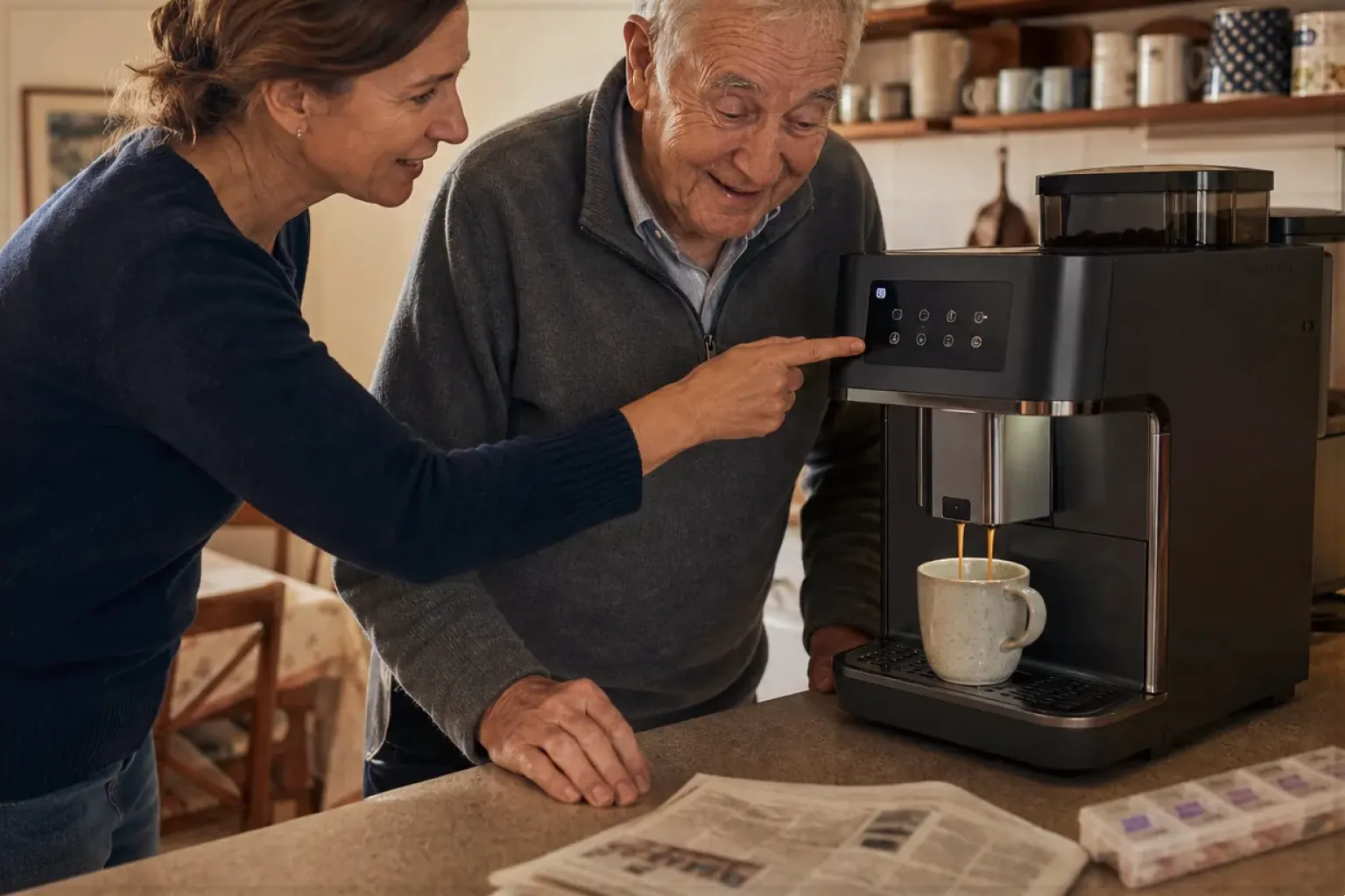Eine erwachsene Tochter erklärt ihrem Vater verständlich die Bedienung eines Kaffeevollautomaten.