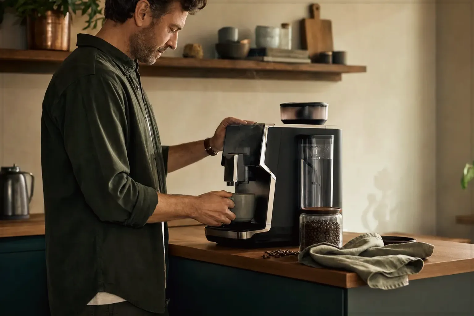 Ein Mann bereitet morgens Kaffee an einem Vollautomaten in seiner Küche zu – gezeigt für Reinigung & Pflege im Themenvergleich.