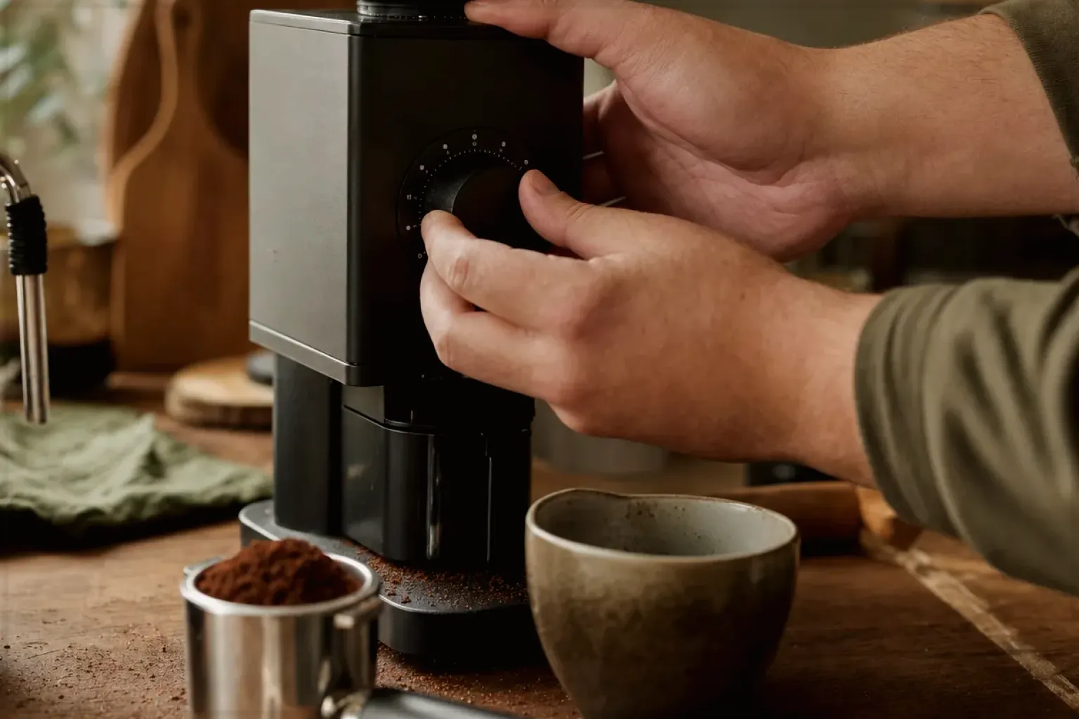 Zwei Hände stellen den Mahlgrad an einer Kaffeemühle neben einer Espressomaschine ein – gezeigt für Reinigung & Pflege im Themenvergleich.