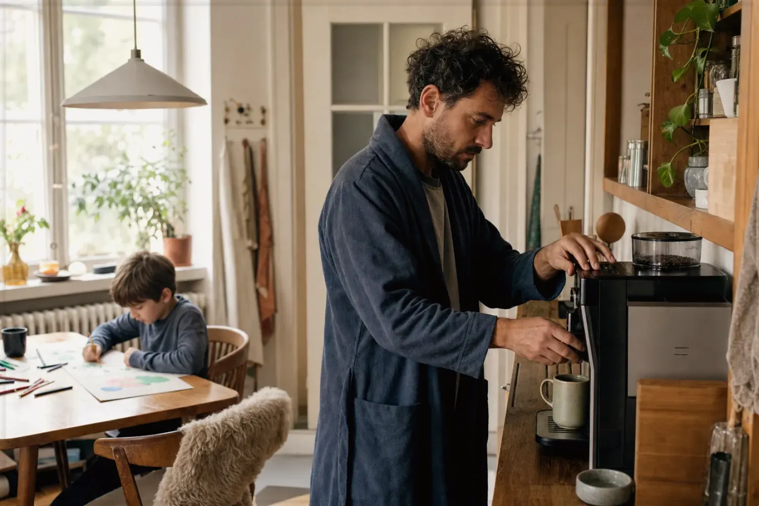Ein Vater bereitet morgens Kaffee am Vollautomaten zu, während sein Kind am Küchentisch malt – gezeigt für Reinigung & Pflege im Themenvergleich.