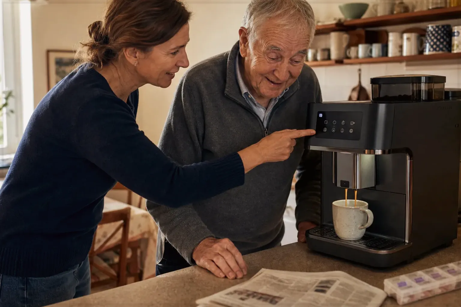Eine erwachsene Tochter erklärt ihrem älteren Vater in seiner Küche einen Kaffeevollautomaten – gezeigt für Reinigung & Pflege im Themenvergleich.
