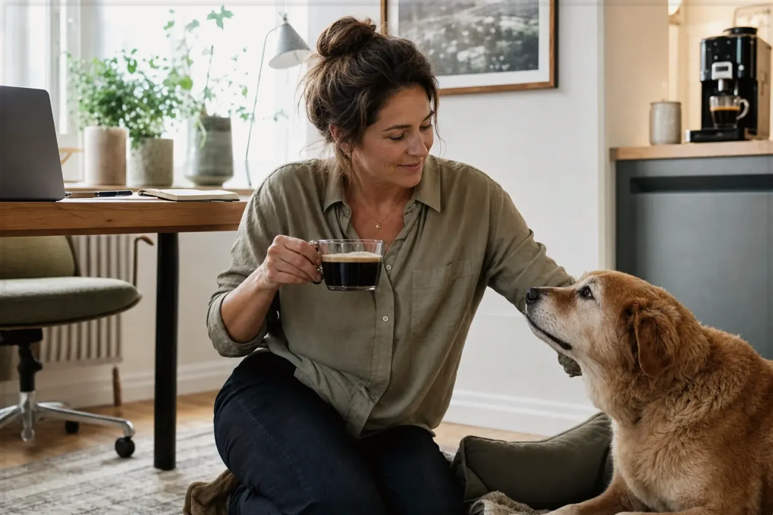 Eine Frau genießt im Homeoffice eine Kaffeepause bei ihrem älteren Hund – gezeigt für Reinigung & Pflege im Themenvergleich.