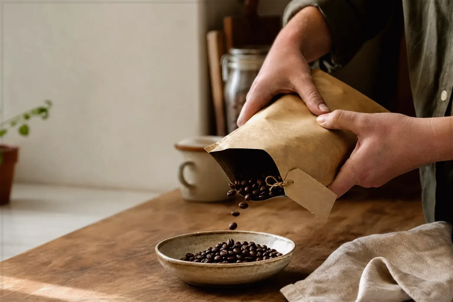 Hände füllen frisch geröstete Kaffeebohnen aus einer Papiertüte in eine Keramikschale – gezeigt für Reinigung & Pflege im Themenvergleich.