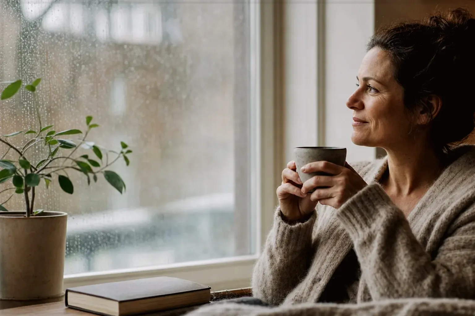 Eine Frau genießt an einem regnerischen Nachmittag ruhig eine Tasse Kaffee am Fenster – gezeigt für Reinigung & Pflege im Themenvergleich.