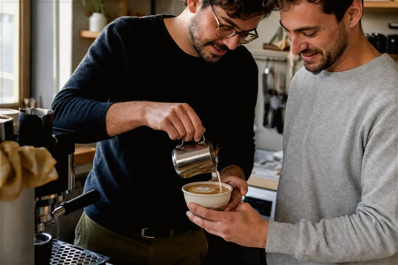 Zwei Freunde freuen sich in einer kleinen Küche über ihre gemeinsam gegossene Latte Art – gezeigt für Reinigung & Pflege im Themenvergleich.