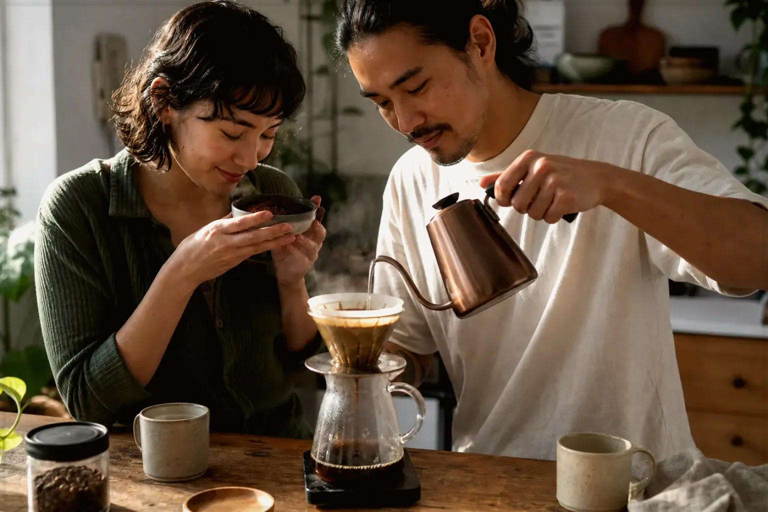 Zwei Menschen bereiten am Wochenende gemeinsam Filterkaffee mit einem Handfilter zu – gezeigt für Reinigung & Pflege im Themenvergleich.