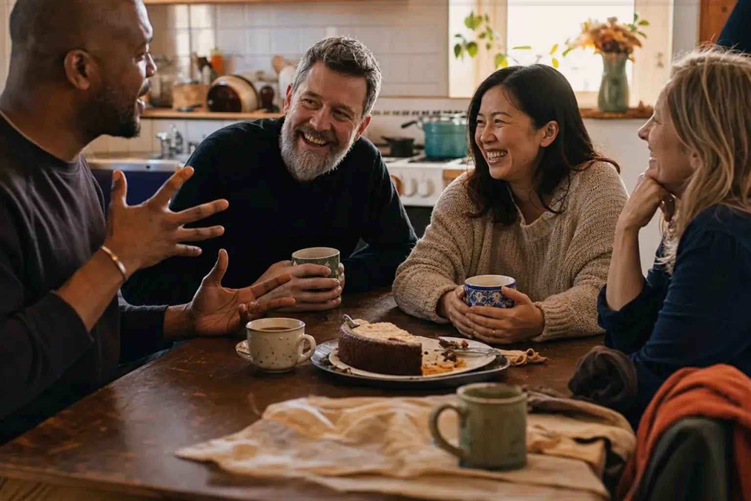 Vier erwachsene Freunde lachen gemeinsam bei Kaffee und selbst gebackenem Kuchen – gezeigt für Reinigung & Pflege im Themenvergleich.