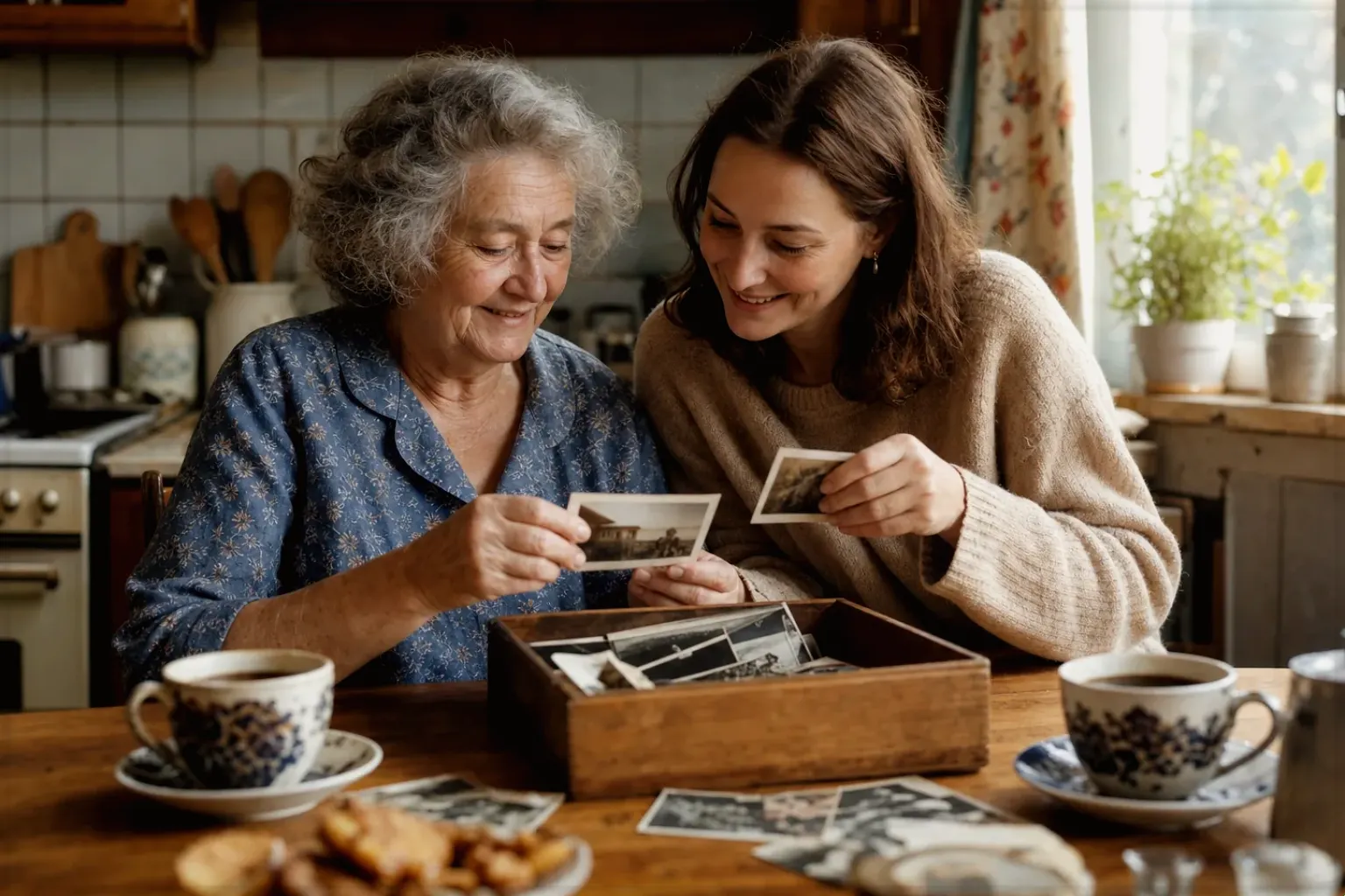 Eine ältere Frau und ihre erwachsene Enkelin betrachten bei Kaffee gemeinsam alte Familienfotos – gezeigt für Reinigung & Pflege im Themenvergleich.