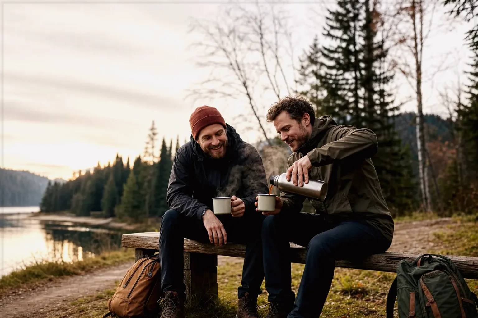 Zwei Freunde teilen auf einer Wanderung heißen Kaffee aus einer Thermoskanne am See – gezeigt für Reinigung & Pflege im Themenvergleich.